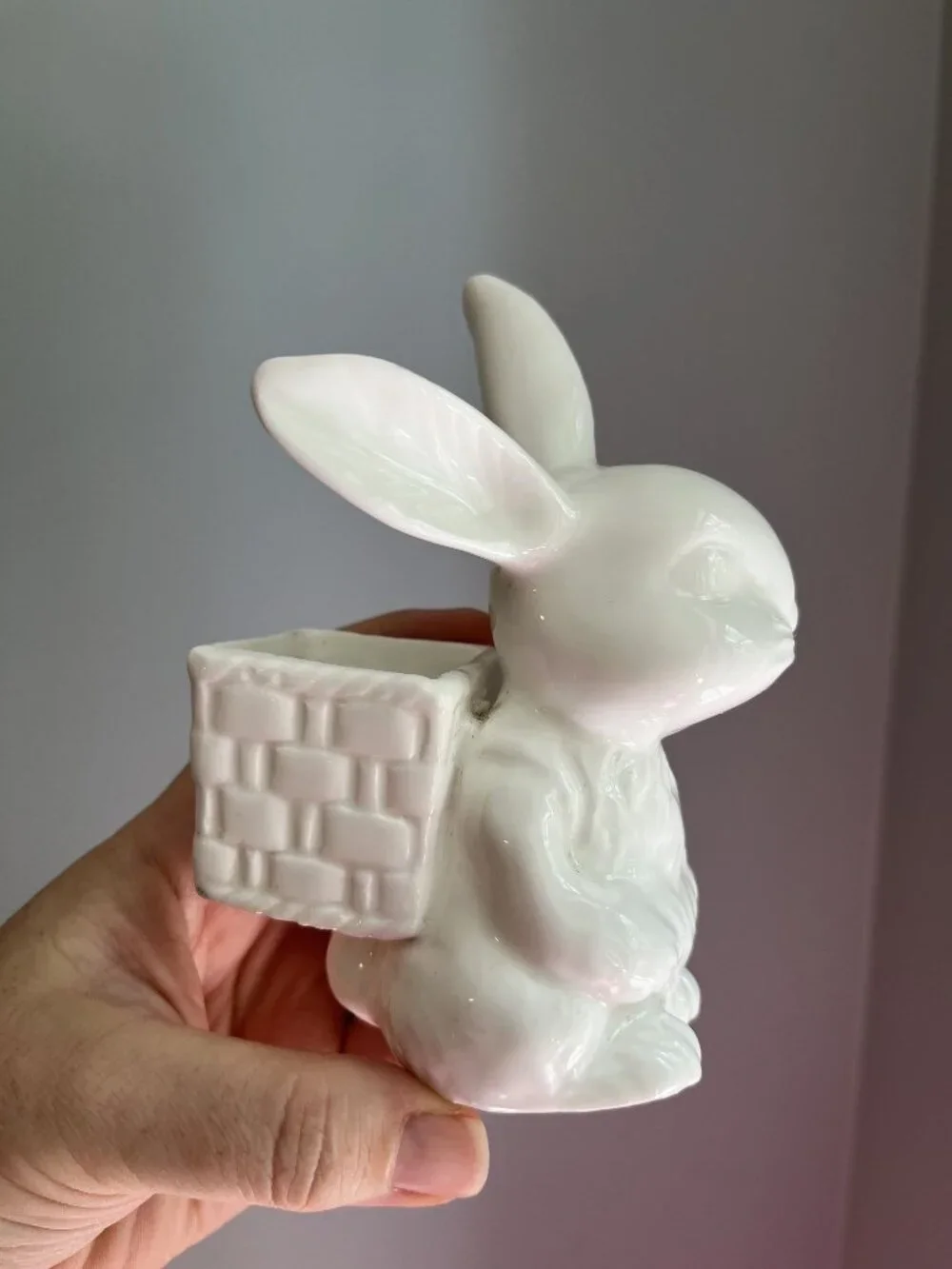 Vintage DEPT 56 White Rabbit Figurine With Basket Ceramic 6